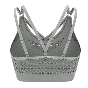 Soutien-gorge de sport gris pour femme à bretelles croisées, col rond, décoration en maille, respirant, maintien moyen, yoga, sans couture, uni - Product Image 6