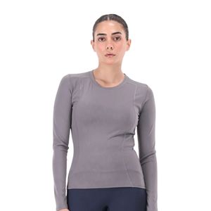 Haut gris à manches longues et col rond pour femme, coupe ajustée, décontracté, basique, pull quotidien, t-shirt extensible, vêtement de mode - Product Image 1