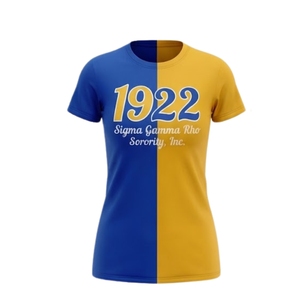 T-shirt personnalisé Sigma Gamma Rho 1922 en chenille pour femme, bleu et or, manches courtes, style décontracté streetwear - Product Image 2