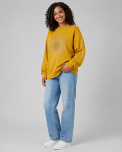 Women's Oversized Yellow Crewneck Sweatshirt With Rhinestone <b>Sequined</b> Sunflower Print Regular Sleeve Knitted Cotton Autumn Style - Product Image 4