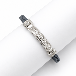 925 Sterling <b>Silver</b> Cubic Zirconia Bracelet High Polish Braided Leather Cord Modern <b>Mens</b> Unisex <b>Bangle</b> for Wedding Party Daily - Product Image 2