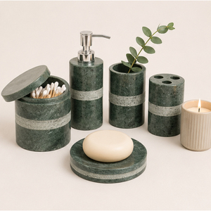 Green Marble Bathroom Accessory Set Handcrafted Natural Stone Soap Dispenser <b>Toothbrush</b> <b>Holder</b> and Vanity Canister for Hotel - Product Image 2
