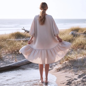 Robe midi vintage 100 % coton à manches cloche avec nœud et poches latérales, taille haute, décontractée, grande taille, pour femme - Product Image 2