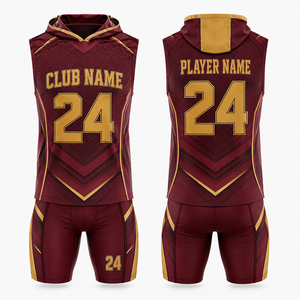 Ensemble de maillot de basket-ball en spandex personnalisé avec capuche, couleur bordeaux et or, respirant, sans couture, pour adultes, unisexe - Product Image 1