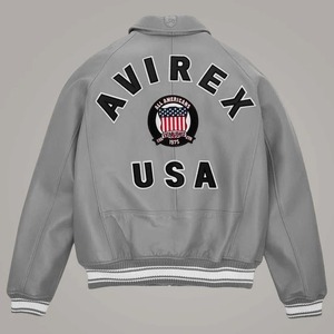 Avirex Grey American Flight <b>Sheepskin</b> Leather Varsity <b>Jacket</b> for Men - Product Image 2