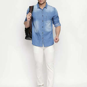 Camisa de Mezclilla Azul Claro Lavada de Alta Calidad para Hombre, Casual, Manga Larga, con Botones, Transpirable, Corte Ajustado, 100% Algodón, Antiarrugas, Secado Rápido - Product Image 6