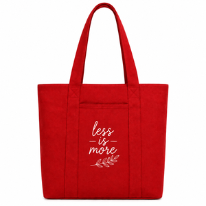 Bolsa de Lona Roja Vintage con Cierre de Cremallera, Ideal para Viajes, 36x40x12 cm, Estampado 'Less Is More' - Product Image 1