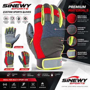 Red Leather Batting Gloves Right XXL Gray Neon Yellow Accents Durable Quick-Dry Breathable Knit Fabric Pull Design Training - Product Image 6