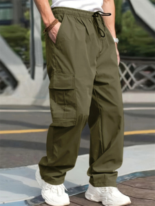 Pantalon cargo ample pour homme, couleur unie, coupe ample, multi-poches, fermeture à cordon, 100% coton, séchage rapide, respirant, élastique - Product Image 5