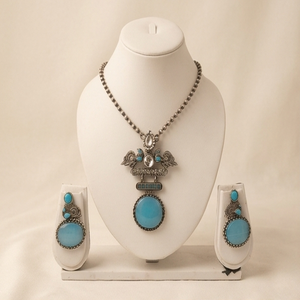 DIVYORO Women's Turquoise Teardrop <b>Statement</b> Ethnic Adjustable Brass Oxidized Silver <b>Necklace</b> and Earrings Set for Party - Product Image 1