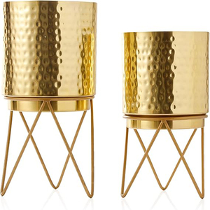Juego de Macetas de Metal Dorado Martillado con Soporte, Macetas de 12 Pulgadas y 10 Pulgadas (Altura) por 7 Pulgadas y 6 Pulgadas (Diámetro) para Sala de Estar - Product Image 2