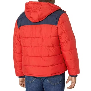 Men's <b>Red</b> <b>Hooded</b> Puffer <b>Jacket</b> Color Blocking Windproof Casual Winter Wear Polyester Shell Regular Fit Button Closure - Product Image 4