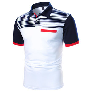 Polo pour homme à blocs de couleur, manches courtes, coupe ajustée, bordure contrastante, tricoté décontracté, blanc, marine, rouge - Product Image 1