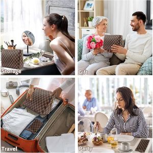 Sac de voyage pour maquillage en cuir imperméable à carreaux marron portable, sac plat carré, ensemble de 2 pièces, étuis cosmétiques - Product Image 5