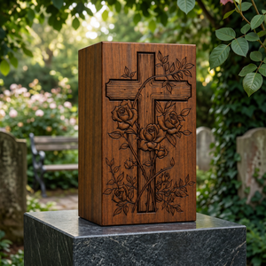 Wooden Rose Cross Urn Carved <b>Memorial</b> Keepsake <b>Box</b> for Funeral Tribute Display - Product Image 2