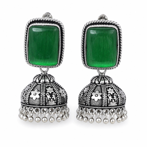 Pendientes Jhumka de Plata Oxidada Antigua con Piedra Ojo de Gato Verde, Hechos a Mano, Estilo Étnico Vintage, Colgantes para Mujer, Joyería al por Mayor - Product Image 1