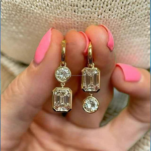 Emerald Cut Moissanite Gold Plated Classic Geometric <b>Drop</b> <b>Earrings</b> 925 Sterling <b>Silver</b> Bezel Set Dangle Wedding & Party Women - Product Image 1