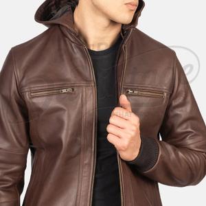 Veste en cuir marron foncé à capuche pour homme, style bomber décontracté, fermeture éclair, coupe ajustée, en cuir d'agneau véritable. - Product Image 1