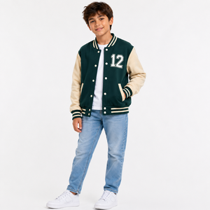 Veste universitaire respirante de qualité supérieure, vert beige, col montant, imprimé dessin animé numéro 12, fermeture pull-over, coupe régulière, en laine pour homme - Product Image 1