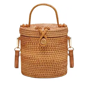 Round bucket brown vintage fashion small rattan bags trendy hot sale rattan bags woven handmade