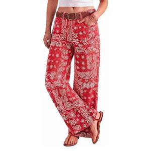 Wholesale Custom <b>Women</b> <b>Red</b> Bandana Paisley Printed Denim <b>Jeans</b> High Waist Casual Straight Leg Y2K Streetwear Fashion Trousers - Product Image 1