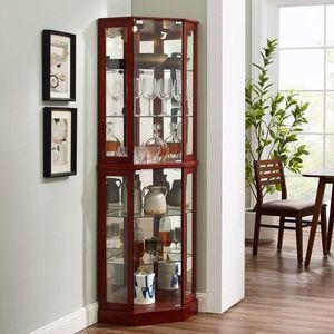 6 Shelf Cherry Corner Curio Display Cabinet with Lights Mirrors & Adjustable Shelves E26 Bulb Not Included - Product Image 2
