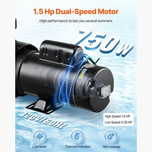 Pompa per Piscina Fuori Terra a Doppia Velocità 1.5HP, 110V, Alta Portata 3450 GPM (110 GPM), Sollevamento 54 ft; Bassa Portata 52 GPM, Sollevamento 14 ft; Trifase 5HP - Product Image 3