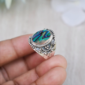 Natural <b>Abalone</b> <b>Shell</b> 925 Sterling Silver Ring Handmade Iridescent Gemstone Jewelry Vintage Style Statement Ring for Women - Product Image 1