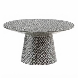 Mesa de centro redonda con incrustaciones de hueso hecha a mano, mesa central geométrica con mosaico, mueble de lujo para sala de estar con nácar, logotipo personalizado - Product Image 1