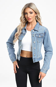 Vestes en jean courtes pour femmes, coupe oversize, manches longues, boutonnées, avec poches, prix de gros, prix bas, OEM - Product Image 3