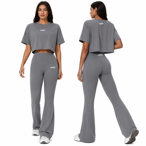 Womens 2 Piece Yoga Set Crop Top & High Waist <b>Flare</b> <b>Leggings</b> Fitness Gym Workout Activewear Lounge Wear Set - Product Image 4