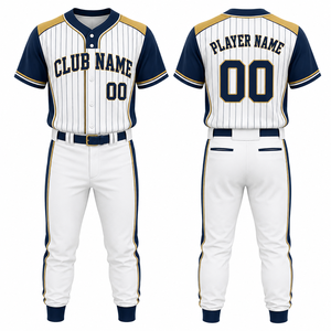 Ensemble de maillot et pantalon de baseball personnalisé pour homme, rayé, blanc, marine, or, imprimé, anti-humidité, coupe classique - Product Image 1