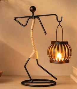 Nordic Ethnic Style Black Iron Human Statue Candle Stand – Vintage Jute Rope Wrapped African Figurine <b>Tealight</b> <b>Lantern</b> Holder - Product Image 3