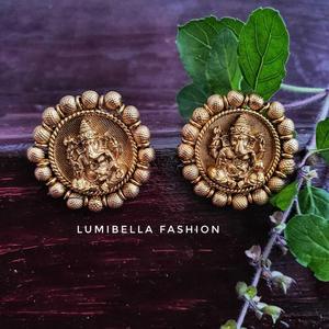 Ganesha Charm Stud Earrings-Gold Plated Alloy with Zircon Opal Pearl & Diamond - Product Image 3