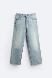 Vaqueros anchos de mezclilla blanqueada para hombre, azul claro, de pierna recta, de algodón lavado, de peso pesado, estilo urbano, tallas grandes - Product Image 3