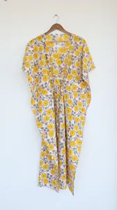 Women's Yellow Floral Hand Block Print V-Neck White <b>Kaftan</b> Long Dress Loose Fit Cotton Bohemian <b>Summer</b> Dress - Product Image 4