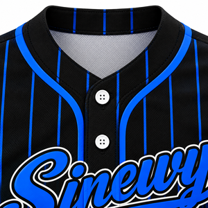 Maillot de baseball Sinewy pour homme, personnalisable avec nom et numéro, rayures bleues et noires, sublimé, respirant, manches courtes, coupe classique, toutes saisons - Product Image 6