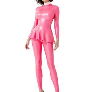 Combinaison rose en PU pour femme, col roulé, manches longues, taille froncée, coupe ajustée, longueur intégrale, couleur unie, tenue de club - Product Image 1