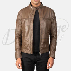 Veste en cuir véritable marron classique pour homme, style motard, coupe ajustée, épaules matelassées, col montant élégant, manteau d'hiver décontracté - Product Image 1
