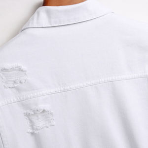 Veste en jean blanche pour homme, style vintage, brodée, déchirée, en coton lavé, boutonnée, couleur unie, coupe classique, style printemps - Product Image 6