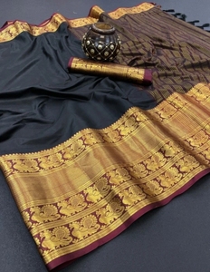 KV Traditional Embroidered Banarasi Silk <b>Satin</b> <b>Saree</b> for Party Occasions-Wrinkle-Free & Reversible - Product Image 1
