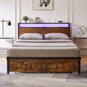 Letto matrimoniale con piattaforma in metallo, testiera e pediera in legno, 2 cassetti, luci LED e stazione di ricarica USB, senza contenitore - Product Image 3