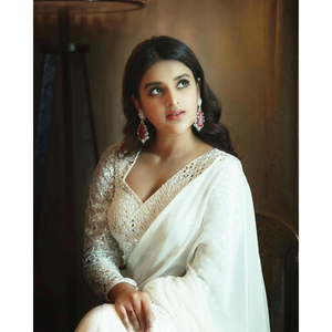 Dernière collection de saris en georgette brodés de miroirs blancs de couleur blanche de conception 2022 pour femmes, pour les mariages et les fêtes - Product Image 3