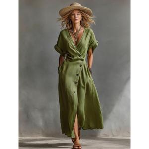 Premium <b>Yellow</b> <b>Linen</b> 100% Cotton Eco-Friendly Maxi <b>Dress</b> V-neck Cap Sleeve Wrap Style Breathable A-Line Silhouette Natural Waist - Product Image 4