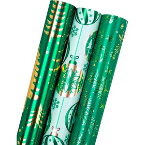 Rotolo di Carta da Regalo Natalizia Mini 43 cm x 305 cm, 3 Diversi Design in Lamina Metallica Verde per Confezioni - Product Image 1