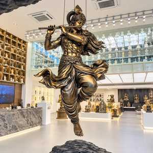 รูปปั้นพระพุทธคริสต์กฤษณะงานฝีมือประดิษฐ์แบบดั้งเดิม ขนาดใหญ่ กำลังเล่นขลุ่ย  งานศิลปะโบราณเคลือบสีบรอนซ์  พระองค์ในศาสนาฮินดู - Product Image 2