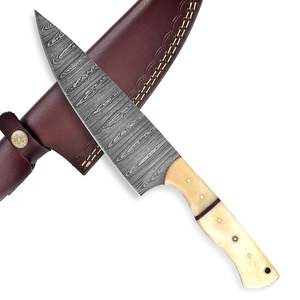 TRAJINTERPRISES Handmade Damascus Steel Single Chef <b>Knife</b> <b>Bone</b> <b>Handle</b> Leather Sheath Drop Point Blade Quick-Change Customizable - Product Image 4