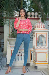 Haut rose en coton à imprimé floral pour femme, coupe classique, avec manches bouffantes à trois couches et col carré, style décontracté mondial - Product Image 6