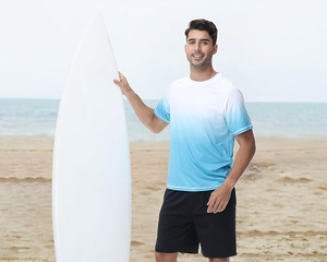 Light blue white ombre rash guard <b>men</b> short sleeve gradient swim shirt UPF 50+ quick dry beach sports <b>top</b> - Product Image 5