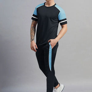 High Quality Men Contrast Shoulder and Sleeve Stripe Tracksuit Short Sleeve T Shirt and Joggers Set Casual Athletic Sports Suit - Product Image 1